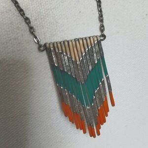 Women's metal bar fringe tribal necklace turquoise/silver/coral